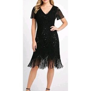 Fundaisy Women's L‎ Black Sequin Fringe Flapper Beaded Gatsby Cocktail Dress